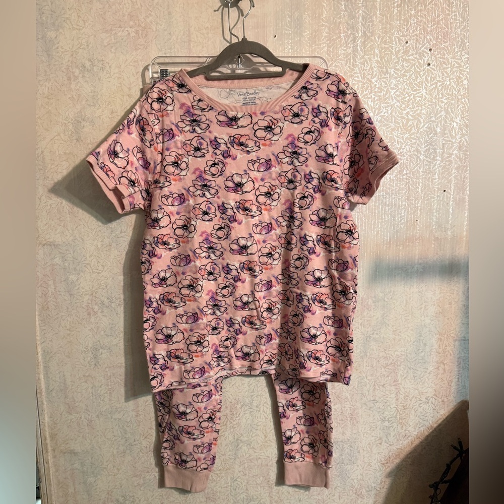 Vera Bradley Pink Floral Pajama Set, Top Sz Lg, Cuffed Bottoms Sz Medium, Cotton